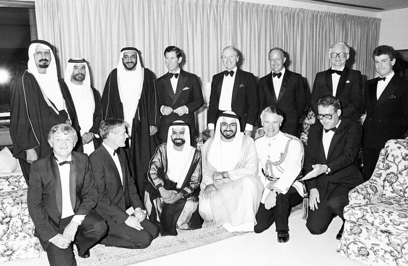 The late UAE President Sheikh Khalifa bin Zayed with Prince Charles at a banquet hosted by the British ambassador to the UAE in March 1989. Also present are Sheikh Mohamed bin Zayed, Sheikh Nahyan bin Mubarak, Sheikh Suroor bin Mohamed and Ahmad Khalifa Al Suwaidi 