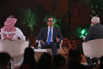 Former US treasury secretary Steven Mnuchin at the FII panel discussion on Wednesday. AFP