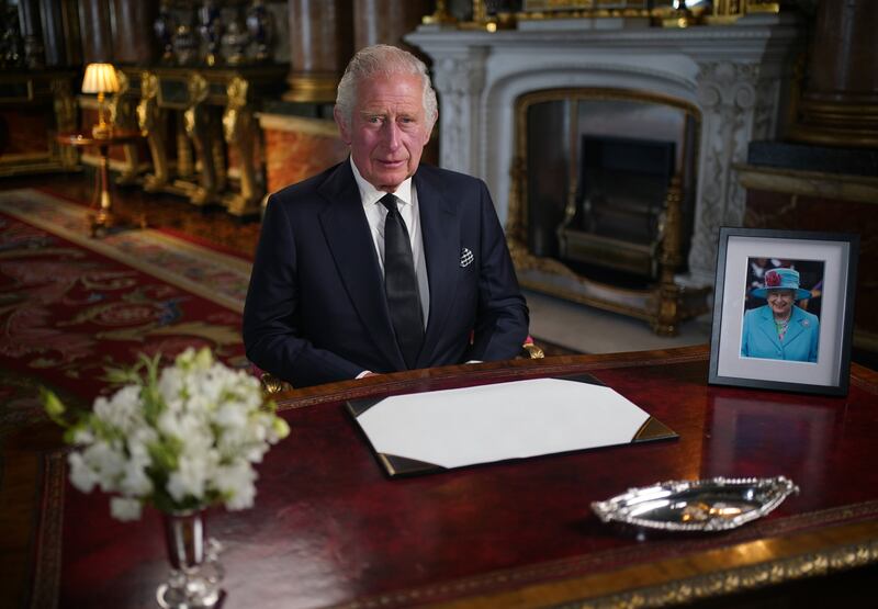 King Charles III delivers his address to the nation and the Commonwealth from Buckingham Palace after the death of Queen Elizabeth II in September 2022
