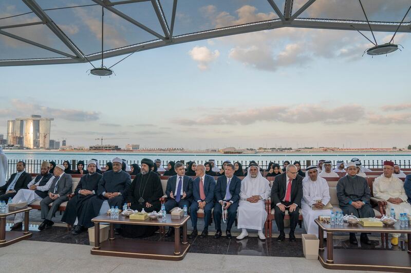 ABU DHABI, UNITED ARAB EMIRATES - December 11, 2017: Members of the Promoting Peace in Muslim Societies attend a Sea Palace barza. Seen with HE Dr Ali bin Tamim, Director General of Abu Dhabi Media Company (3rd R) and HE Dr Farouq Hammada, Islamic Consultant for the Crown Prince Court of Abu Dhabi (5th R).

( Mohamed Al Hammadi / Crown Prince Court - Abu Dhabi )
---