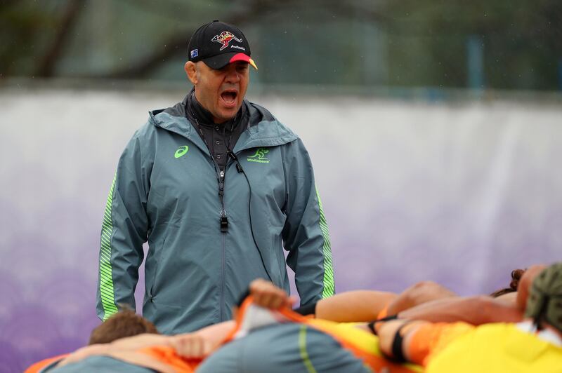 AUstralia head coach Michael Cheika shouts instructions during training in Oita on Thursday. Getty