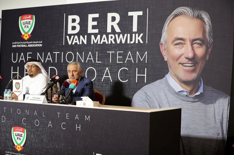 ABU DHABI , UNITED ARAB EMIRATES , March 21 – 2019 :- Left to Right - Abdulla Naser Al Junaibi , UAEFA Vice Chairman and Bert Van Marwijk , UAE National Team Head Coach during the press conference held at Al Nahyan Stadium in Abu Dhabi. ( Pawan Singh / The National ) For Sports. Story by John