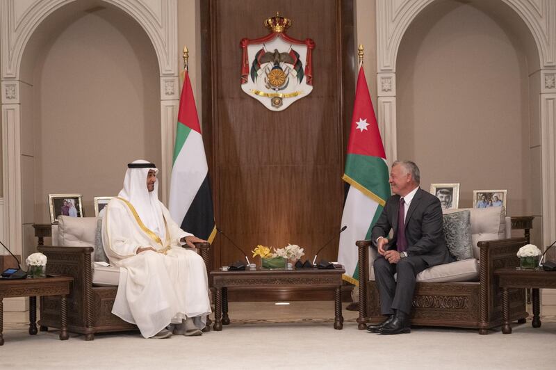 AMMAN, 27th May, 2021 (WAM) -- Sheikh Mohamed bin Zayed, Crown Prince of Abu Dhabi and Deputy Supreme Commander of the UAE Armed Forces, and King Abdullah ll of Jordan discussed the strong relations between the two countries and enhancing strategic cooperation and joint coordination in the best interest of the two sides. Courtesy MBZ's Twitter