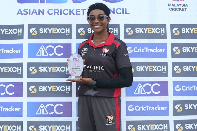 20 June 2022. Beat Malaysia by 31 runs at the ACC Women’s T20 Championship in Kuala Lumpur. A third-wicket partnership worth 54 for Malaysia made UAE nervous, but Indhuja Nandakumar dispelled the doubts with 4-10. Courtesy Malaysia Cricket