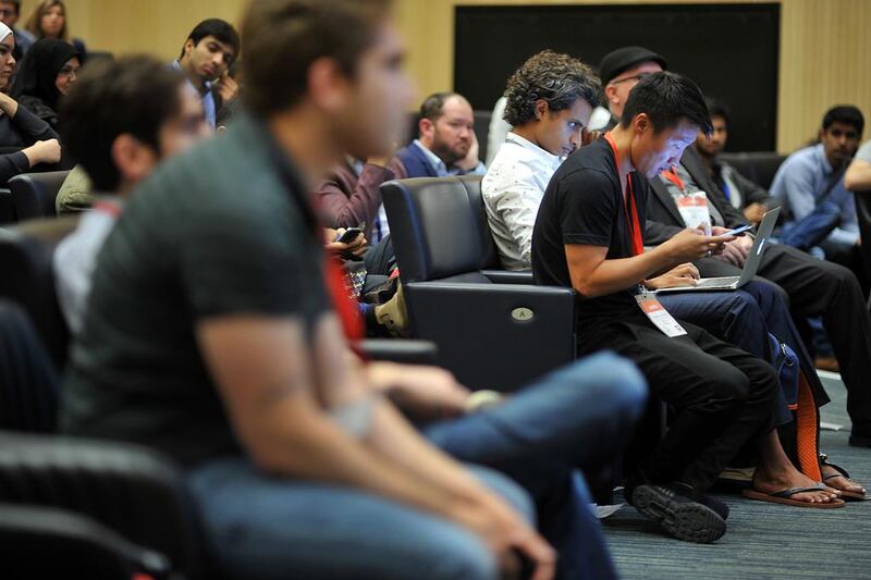 The judges in the annual Hackathon competition hosted by and held at NYUAD in Abu Dhabi wait for the start of the ceremony to announce the winners of the competition. Delores Johnson / The National 