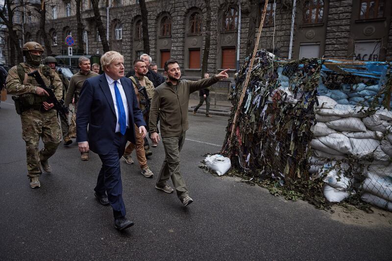 Mr Johnson and Mr Zelensky in central Kyiv on April 9. AFP