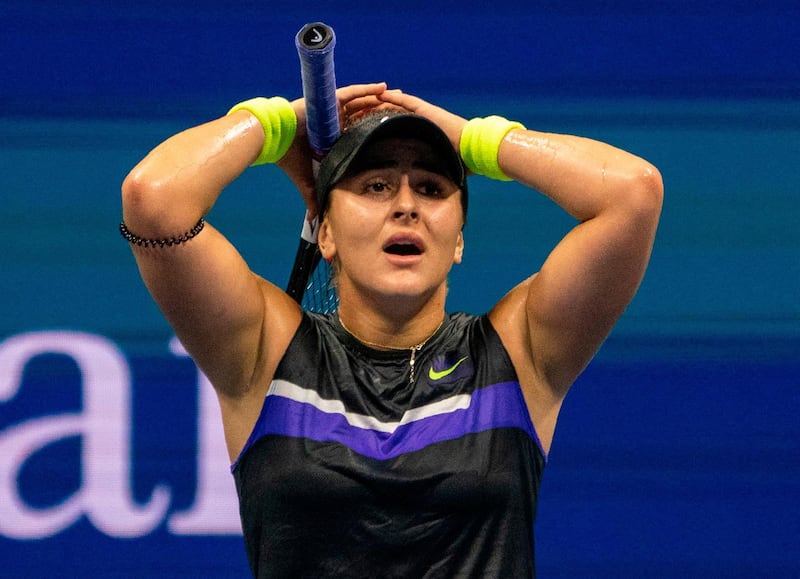 CORRECTION / Bianca Andreescu of Canada celebrates her win over Belinda Bencic of Switzerland during their semi-finals women's Singles match at the 2019 US Open at the USTA Billie Jean King National Tennis Center in New York on September 5, 2019.                             / AFP / Don EMMERT
