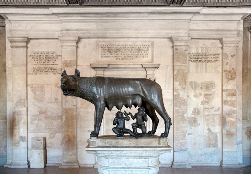 Capitoline Wolf suckles the infant twins Romulus and Remus.