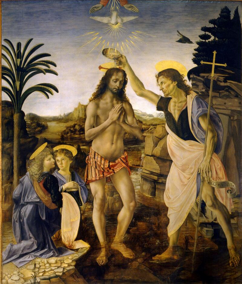 'The Baptism of Christ' (1472-75) is another collaboration between Andrea del Verrocchio and young Da Vinci. It shows the baptism of Jesus by John the Baptist and recorded by the gospels of Matthew, Mark and Luke. Modern critics attribute much of the landscape in the background and the figure of Christ to Da Vinci as well. It can be seen at the Uffizi Gallery in Florence