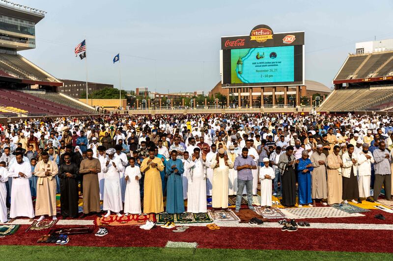 Muslim worshippers gather at the Huntington Bank Stadium during Eid Al Adha prayers and festivities in Minneapolis, Minnesota, which boasts one of the country's largest Muslim American populations. AFP