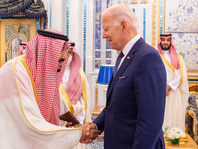 Saudi Arabia's King Salman greets Mr Biden at Al Salam Palace in Jeddah. Photo: @spagov