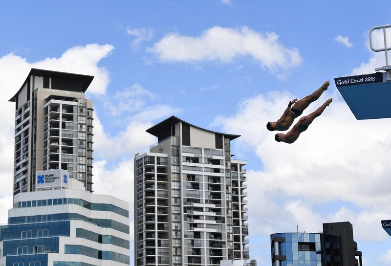 Domonic Bedggood and Declan Stacey of Australia compete during the Men's Synchronised 10m Platform Final of diving competition of the XXI Commonwealth Games at the Gold Coast Aquatic Centre on the Gold Coast, Australia. Dave Hunt / EPA