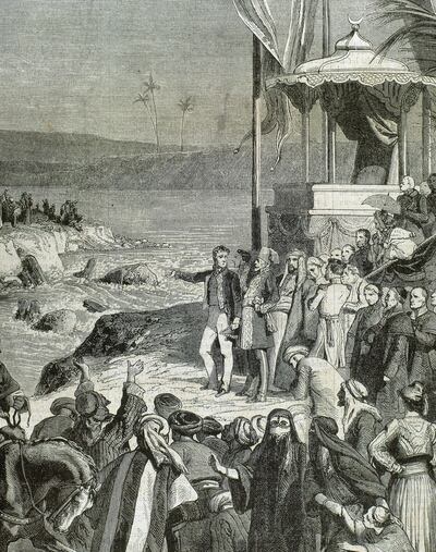 Egypt. The Suez Canal. It connects the Mediterranean Sea to the Red Sea through the Isthmus of Suez. Inauguration ceremony of the Suez Canal at Port-Said on November 17, 1869 under Isma'il Pasha (1830-1895). Engraving by Desandre. (Photo by: PHAS/Universal Images Group via Getty Images)