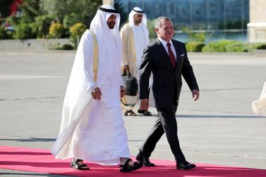 Crown Prince of Abu Dhabi and Deputy Supreme Commander of the UAE Armed Forces Sheikh Mohamed bin Zayed is welcomed by Jordan's King Abdullah II at Marka Airport in Amman, Jordan EPA