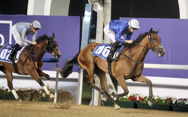 DUBAI , UNITED ARAB EMIRATES , Jan 02  – 2020 :-  Christophe Soumillon  (no 6 ) guides Final Song (IRE)  to win the 1st horse race, UAE 1000 Guineas Trial , 1400m dirt during the Dubai World Cup Carnival 1st Meeting at the Meydan Racecourse in Dubai. ( Pawan Singh / The National ) For Sports. Story by Amith
