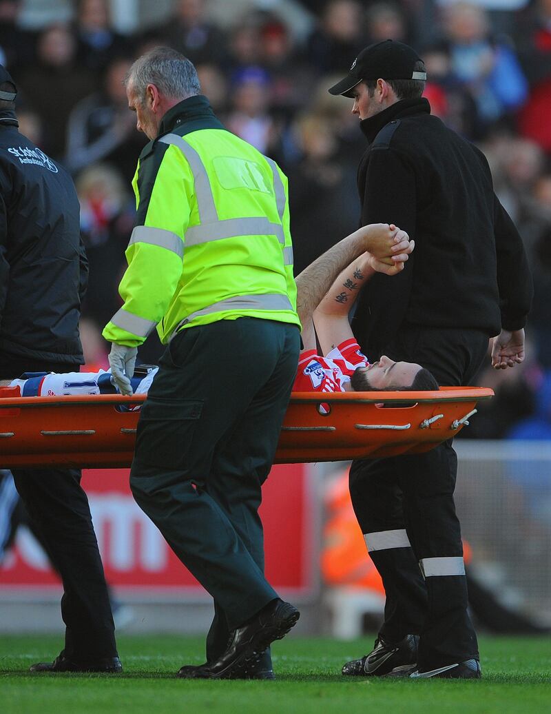 STOKE ON TRENT, ENGLAND - OCTOBER 27: Marc Wilson of Stoke is taken off injured during the Barclays Premier League match between Stoke City and Sunderland at the Britannia Stadium on October 27, 2012 in Stoke on Trent, England.  (Photo by Michael Regan/Getty Images) *** Local Caption ***  154833194.jpg