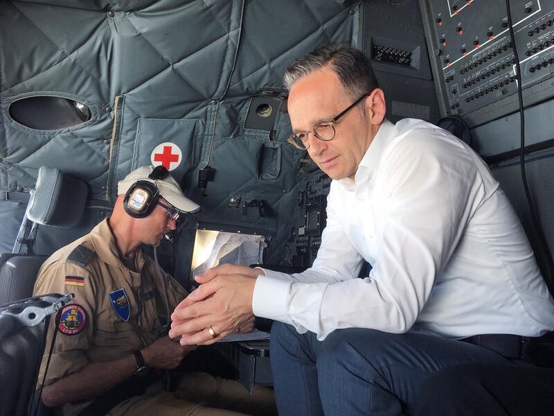 German Foreign Minister Heiko Maas sits in the C-160 Transall military plane at the airport in Baghdad, Iraq, June 8, 2019. REUTERS/Sabine Seibold