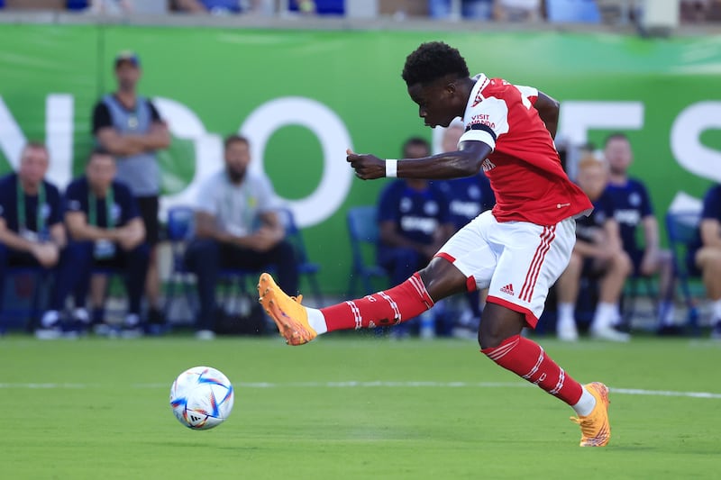 Arsenal winger Bukayo Saka shoots during the Florida Cup match against Chelsea. Getty