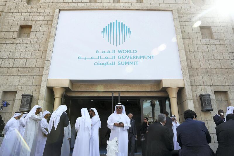 
DUBAI , UNITED ARAB EMIRATES , FEB 11  – 2017 :- Delegates on the first day of World Government Summit 2018 held at Madinat Jumeirah in Dubai. ( Pawan Singh / The National ) For News
