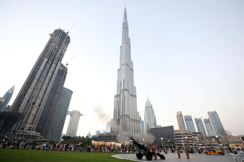 Dubai Police fire the Eid Al Fitr cannon to mark end of Ramadan at the Burj Khalifa, Dubai on May 12th, 2021. Chris Whiteoak / The National. 
Reporter: N/A for News