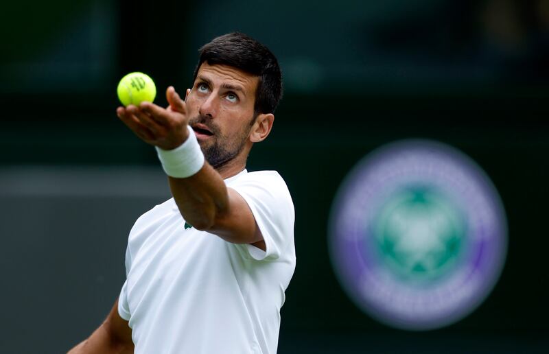 Serbia's Novak Djokovic practices on Center Court ahead of the 2022 Wimbledon Championship. AP