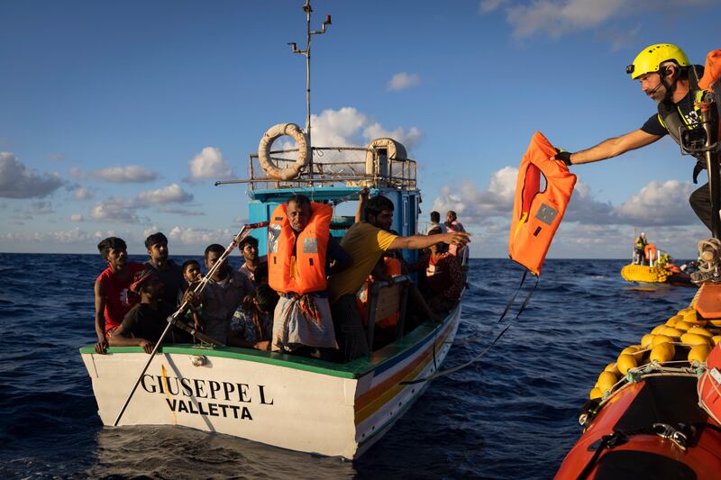 A rescue operation by SOS Mediterranean and the Red Cross in the Mediterranean Sea. AP