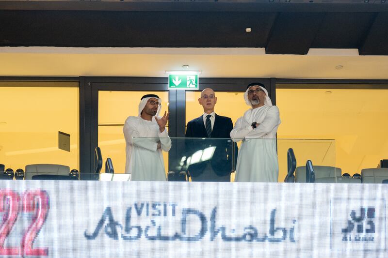 DCT Abu Dhabi chairman Mohamed Khalifa Al Mubarak, left, NBA commissioner Adam Silver, centre, and Sheikh Khaled bin Mohamed, member of Abu Dhabi Executive Council and chairman of Abu Dhabi Executive Office, at Etihad Arena. All photos: Wam