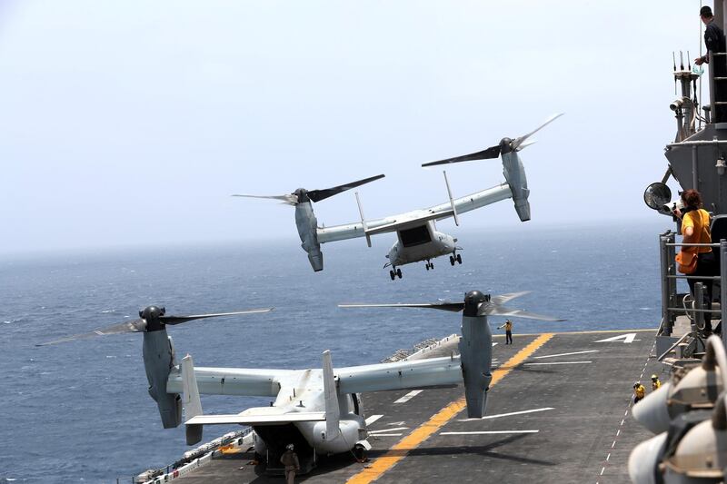 MV-22 Osprey aircraft takes off on the deck.