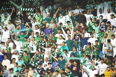 DAMMAM, SAUDI ARABIA - AUGUST 17: Supporters of Al-Ahli team during the Saudi Pro League football match between Al-Khaleej and Al-Ahli at Prince Mohamed bin Fahd Stadium on August 17, 2023 in Dammam, Saudi Arabia. (Photo by Adam Nurkiewicz / Getty Images)