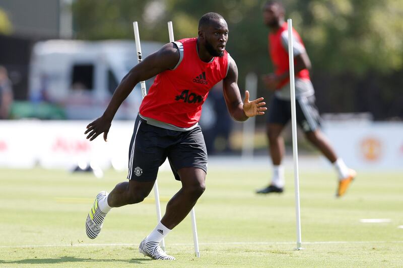 Romelu Lukaku trains with his new Manchester United teammates in Los Angeles, California.