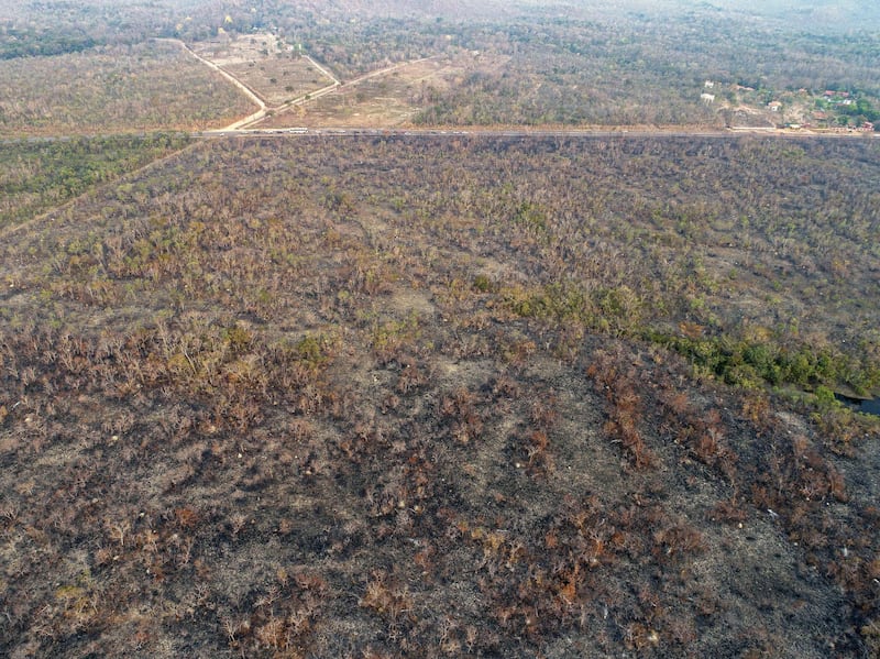An aerial view of an area of land that has been scorched by fire in the state of Mato Grosso, Brazil.  EPA