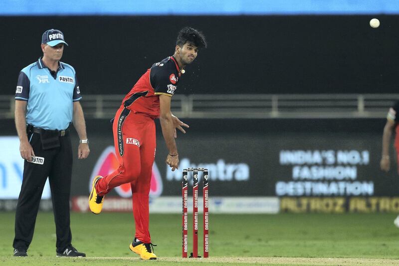 Washington Sundar of Royal Challengers Bangalore during match 10 of season 13 of the Dream 11 Indian Premier League (IPL) between The Royal Challengers Bangalore and The Mumbai Indians held at the Dubai International Cricket Stadium, Dubai in the United Arab Emirates on the 28th September 2020.  Photo by: Ron Gaunt  / Sportzpics for BCCI