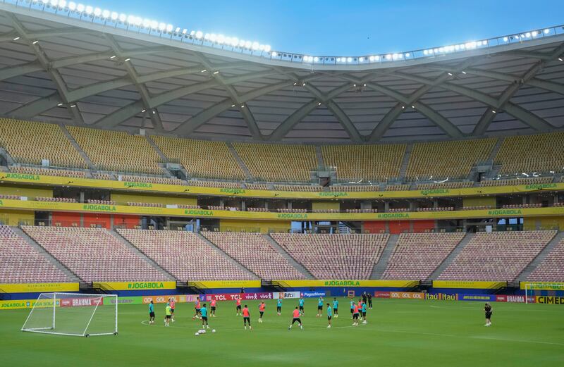 Brazilian players attend a training session at Arena da Amazonia in Manaus, Brazil,. AP Photo