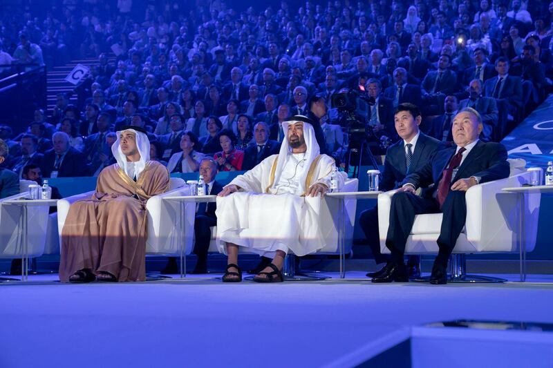 ASTANA, KAZAKHSTAN - July 05, 2018: HH Sheikh Mohamed bin Zayed Al Nahyan, Crown Prince of Abu Dhabi and Deputy Supreme Commander of the UAE Armed Forces (2nd L) and HE Nursultan Nazarbayev, President of Kazakhstan (R) attend the opening ceremony of Astana International Financial Centre. Seen with HH Sheikh Mansour bin Zayed Al Nahyan, UAE Deputy Prime Minister and Minister of Presidential Affairs (L).

( Hamad Al Kaabi / Crown Prince Court - Abu Dhabi )