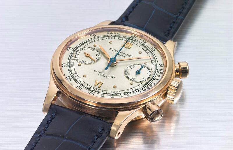 Patek Philippe, 18k pink gold chronograph. Reference 1463R and retailed by Serpico y Laino, Caracas. Manufactured in 1950. Price estimate: $550,000-850,000. Courtesy Christie's