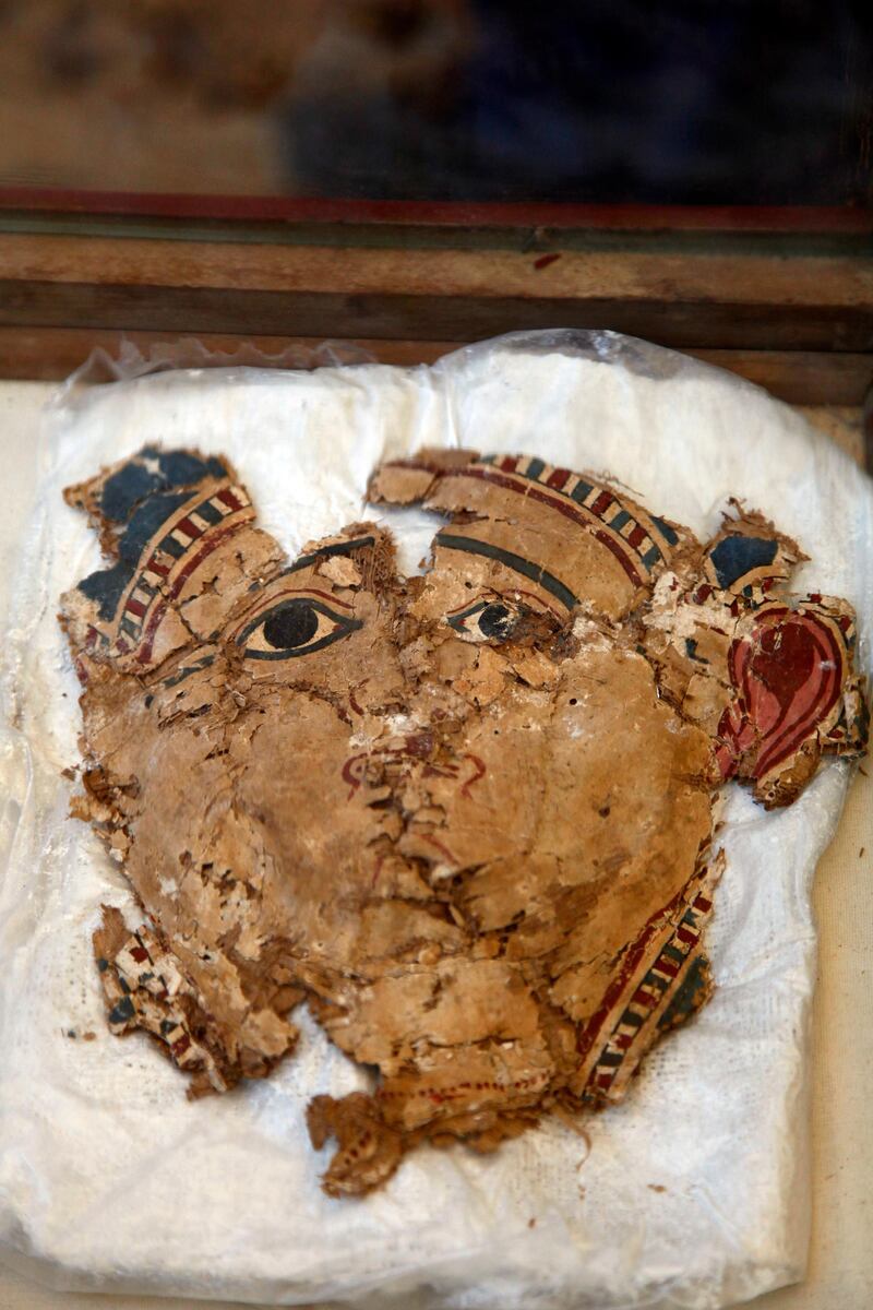 Fragments of colored carttonage on display at the Tuna el-Gebel archaeological site, Egypt. EPA