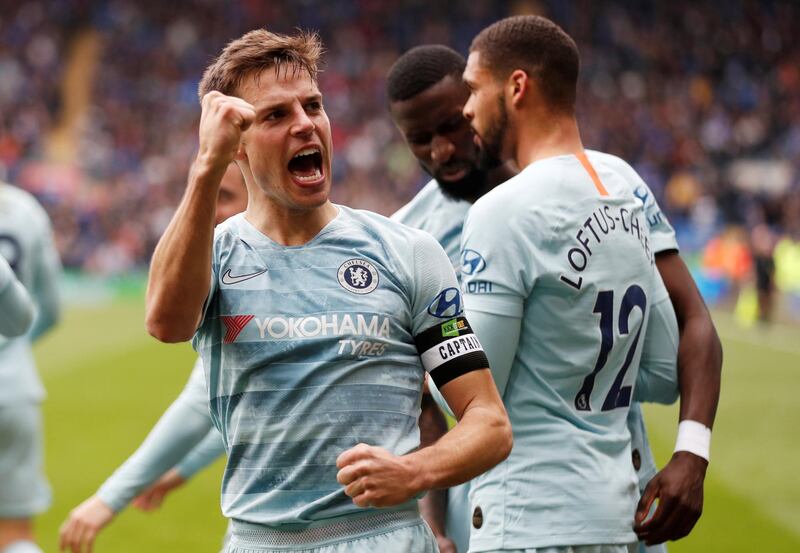 Soccer Football - Premier League - Cardiff City v Chelsea - Cardiff City Stadium, Cardiff, Britain - March 31, 2019  Chelsea's Ruben Loftus-Cheek (R) celebrates scoring their second goal with Cesar Azpilicueta                       Action Images via Reuters/Matthew Childs  EDITORIAL USE ONLY. No use with unauthorized audio, video, data, fixture lists, club/league logos or "live" services. Online in-match use limited to 75 images, no video emulation. No use in betting, games or single club/league/player publications.  Please contact your account representative for further details.