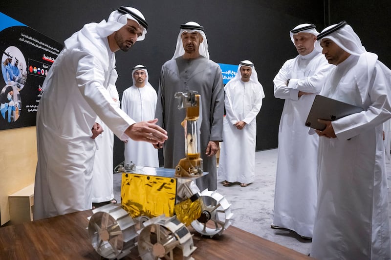 UAE President Sheikh Mohamed bin Zayed attends a presentation by members of the Emirates Lunar Mission in the capital Abu Dhabi on June 15, 2022.  Photo: Hamad Al Kaabi / Ministry of Presidential Affairs