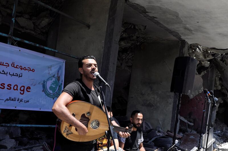 A Palestinian singer performs during a musical event calling to boycott the Eurovision Song Contest. Reuters