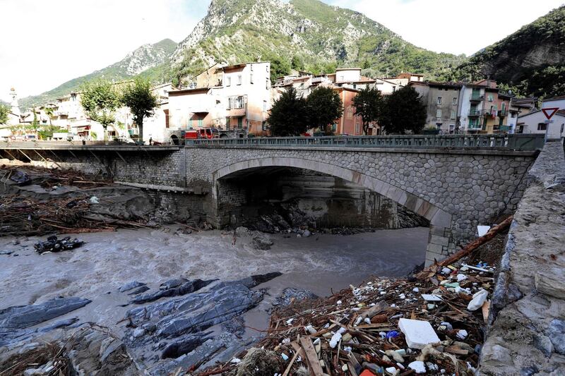 Debris collects in a river after heavy rains and floods hit Breil-sur-Roya, a French village close to the Italian border. AFP