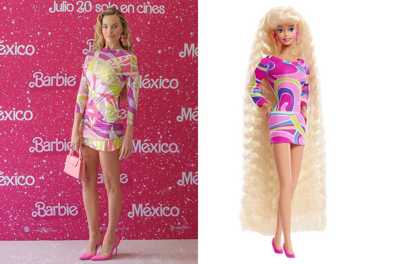 Mexico City: Robbie drew inspiration from 1992's Totally Hair Barbie, wearing a custom multicoloured dress by Pucci, with Chanel jewellery and a pink Chanel bag. AFP; Mattel
