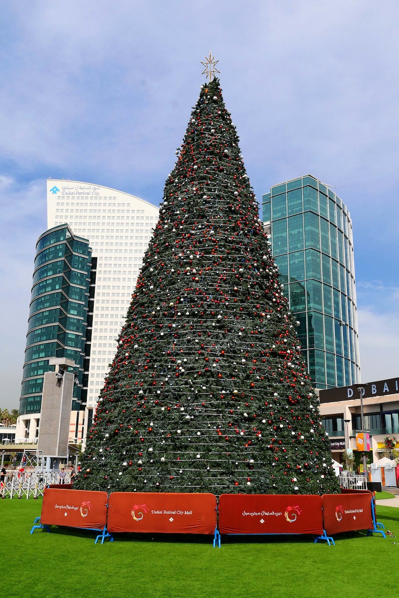 The giant Christmas tree at Dubai Festival City Mall. Pawan Singh / The National