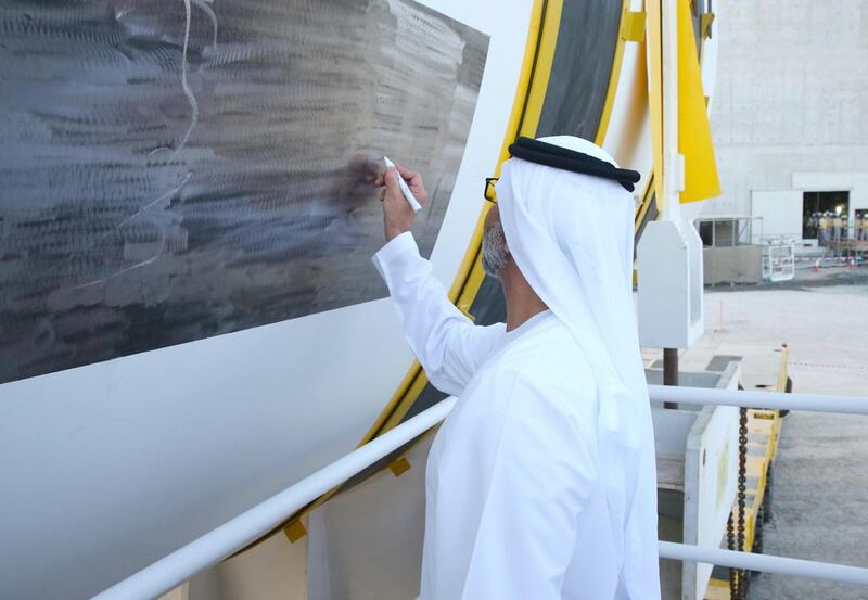 Sheikh Hamdan signed the base of the reactor vessel before it was lifted inside the Unit 2 reactor containment building.