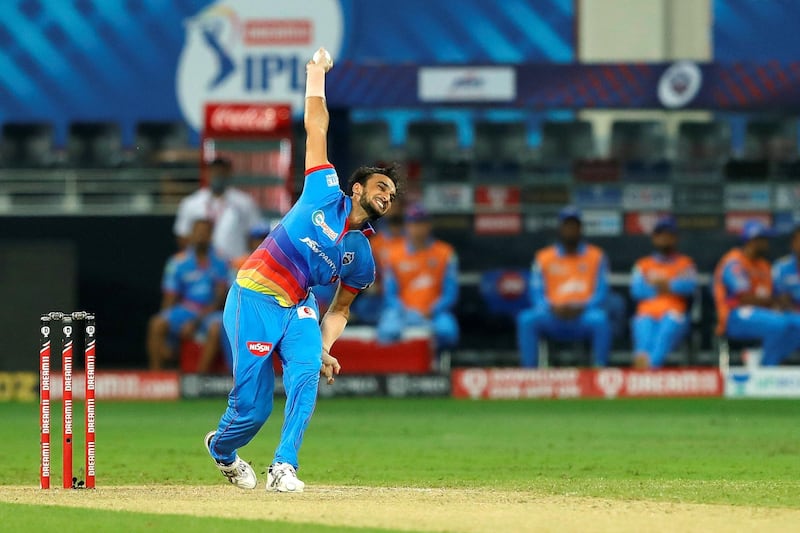 Harshal Patel of Delhi Capitals  bowling during match 19 of season 13 of the Dream 11 Indian Premier League (IPL) between the Royal Challengers Bangalore and the 
Delhi Capitals held at the Dubai International Cricket Stadium, Dubai in the United Arab Emirates on the 5th October 2020.  Photo by: Saikat Das  / Sportzpics for BCCI