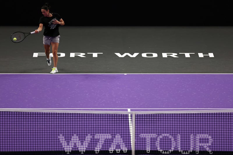 Ons Jabeur plays a forehand during practice prior to the 2022 WTA Finals. AFP