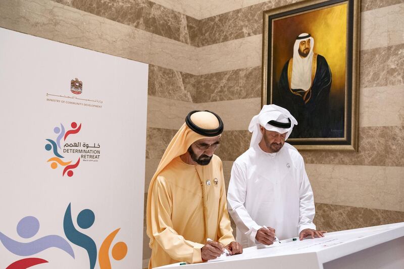 ABU DHABI, UNITED ARAB EMIRATES - March 10, 2019: HH Sheikh Mohamed bin Zayed Al Nahyan, Crown Prince of Abu Dhabi and Deputy Supreme Commander of the UAE Armed Forces (R) and HH Sheikh Mohamed bin Rashid Al Maktoum, Vice-President, Prime Minister of the UAE, Ruler of Dubai and Minister of Defence (L), sign the The Special Olympics World Games 2019 Document, during the Determination Retreat, at the Presidential Palace.

( Ryan Carter for the Ministry of Presidential Affairs)
---