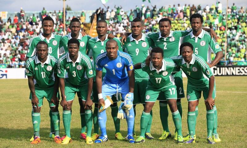 Nigeria's football team pose for a squad photo during World Cup qualifying on November 16, 2013. Sunday Alamba / AP