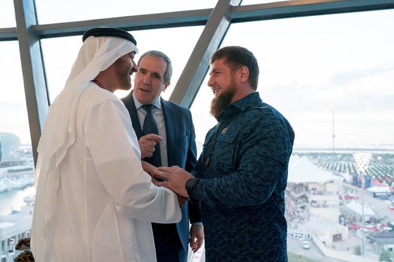 YAS ISLAND, ABU DHABI, UNITED ARAB EMIRATES - November 26, 2017: HH Sheikh Mohamed bin Zayed Al Nahyan Crown Prince of Abu Dhabi Deputy Supreme Commander of the UAE Armed Forces (L) greets HE Ramzan Kadyrov, President of Chechnya (R), at Shams Tower, during the final day of Formula 1 Etihad Airways Abu Dhabi Grand Prix.
( Mohamed Al Hammadi / Crown Prince Court - Abu Dhabi )
---