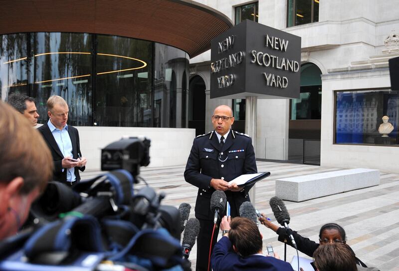 Metropolitan Police Deputy Assistant Commissioner Neil Basu speaks to the media outside New Scotland Yard, London, after a woman in her twenties was shot by police and four people arrested during terror raids in London and Kent.