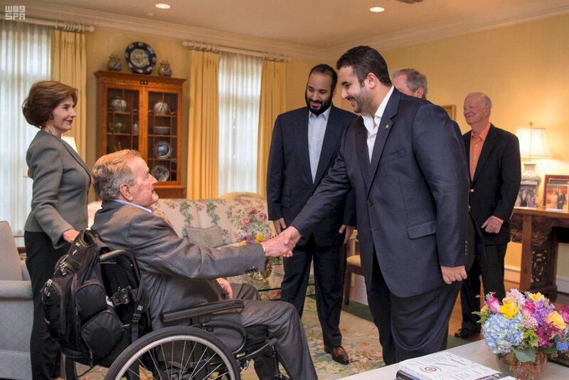 Saudi Crown Prince Mohammed bin Salman visits former US Presidents George H.W. Bush and George W. Bush, in Houston. SPA